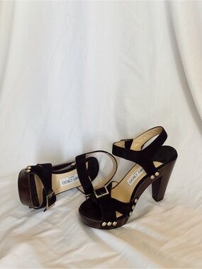 Jimmy Choo Black Suede Platform Heels with Gold Stud Accents